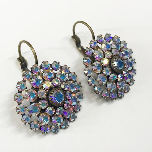 Liz Palacios Antiqued Brass AB Aurora Borealis Swarovski Crystal Earrings - Picture 11 of 12
